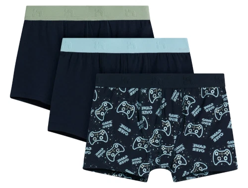 3-pak boxershorts fra Name It i dark sapphire med gamerprint og ensfarvede varianter